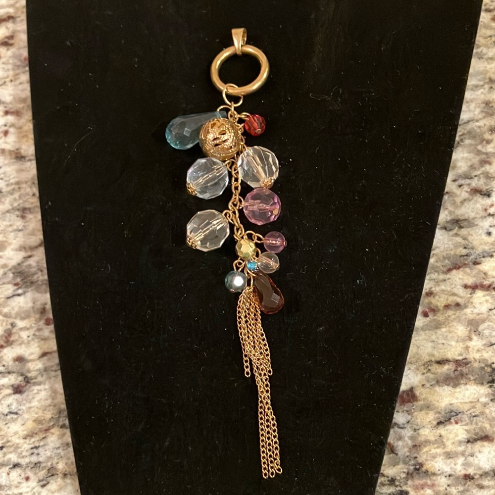 Multicolor Beaded Dangle Pendant Charm Goldtone Chain Tassel Boho Glam Statement
